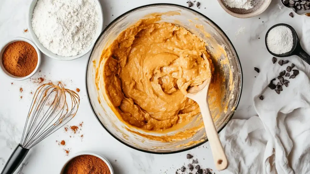 Mixing bowl with Pumpkin Banana Bread batter being prepared on a white marble countertop.