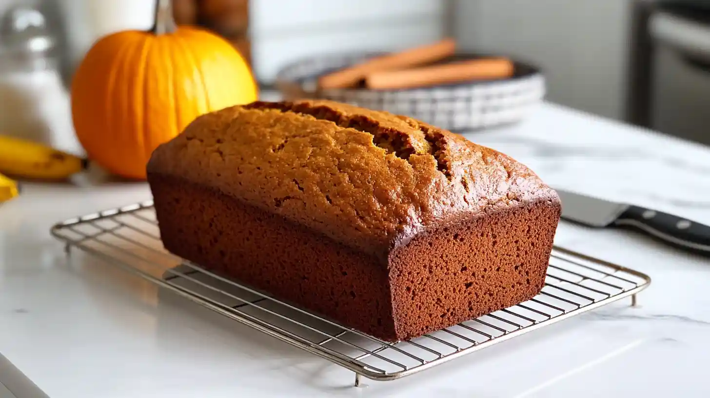 Freshly baked Pumpkin Banana Bread cooling on a wire rack with a golden crust.