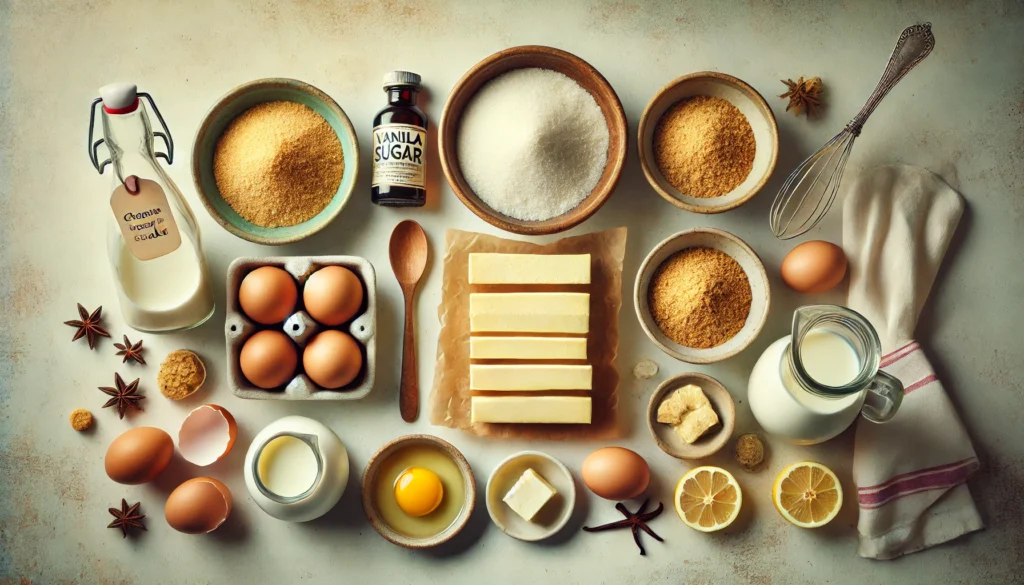 Wide-angle image of neatly arranged cheesecake ingredients on a light-colored surface, featuring cream cheese blocks, a small bowl of sugar, brown eggs, a bottle of vanilla extract, lemon zest, melted butter in a dish, and graham cracker crumbs. One item has been removed from the original arrangement.