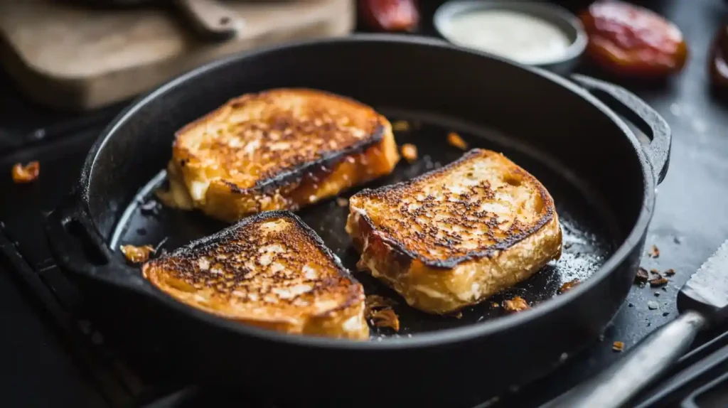 Spicy Grilled Cheese with Medjool Dates sliced diagonally and served on a plate with jalapeño slices and a side of tomato soup.