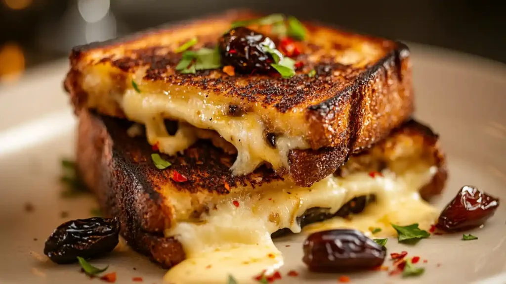 Spicy Grilled Cheese with Medjool Dates on a skillet, perfectly toasted with melted cheese oozing out.