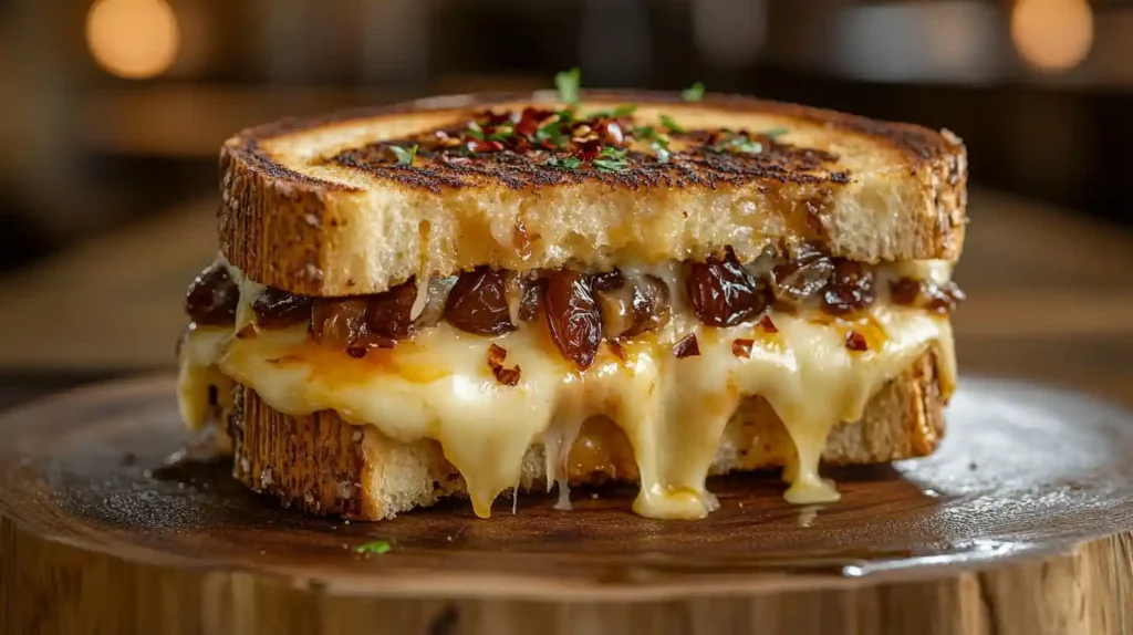 Golden-brown Spicy Grilled Cheese with Medjool Dates on a skillet, perfectly toasted with melted cheese oozing out.