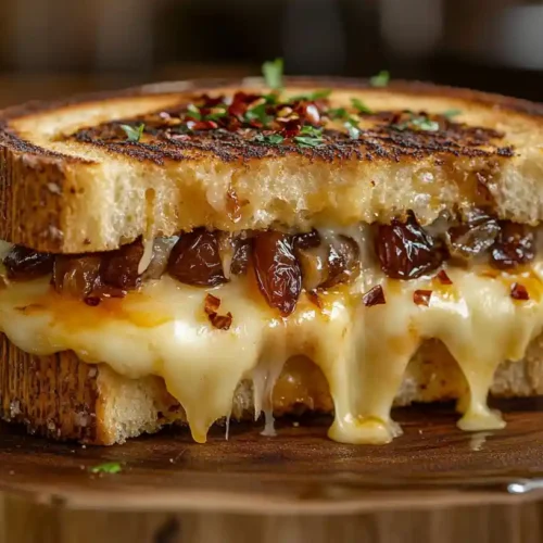 Golden-brown Spicy Grilled Cheese with Medjool Dates on a skillet, perfectly toasted with melted cheese oozing out.