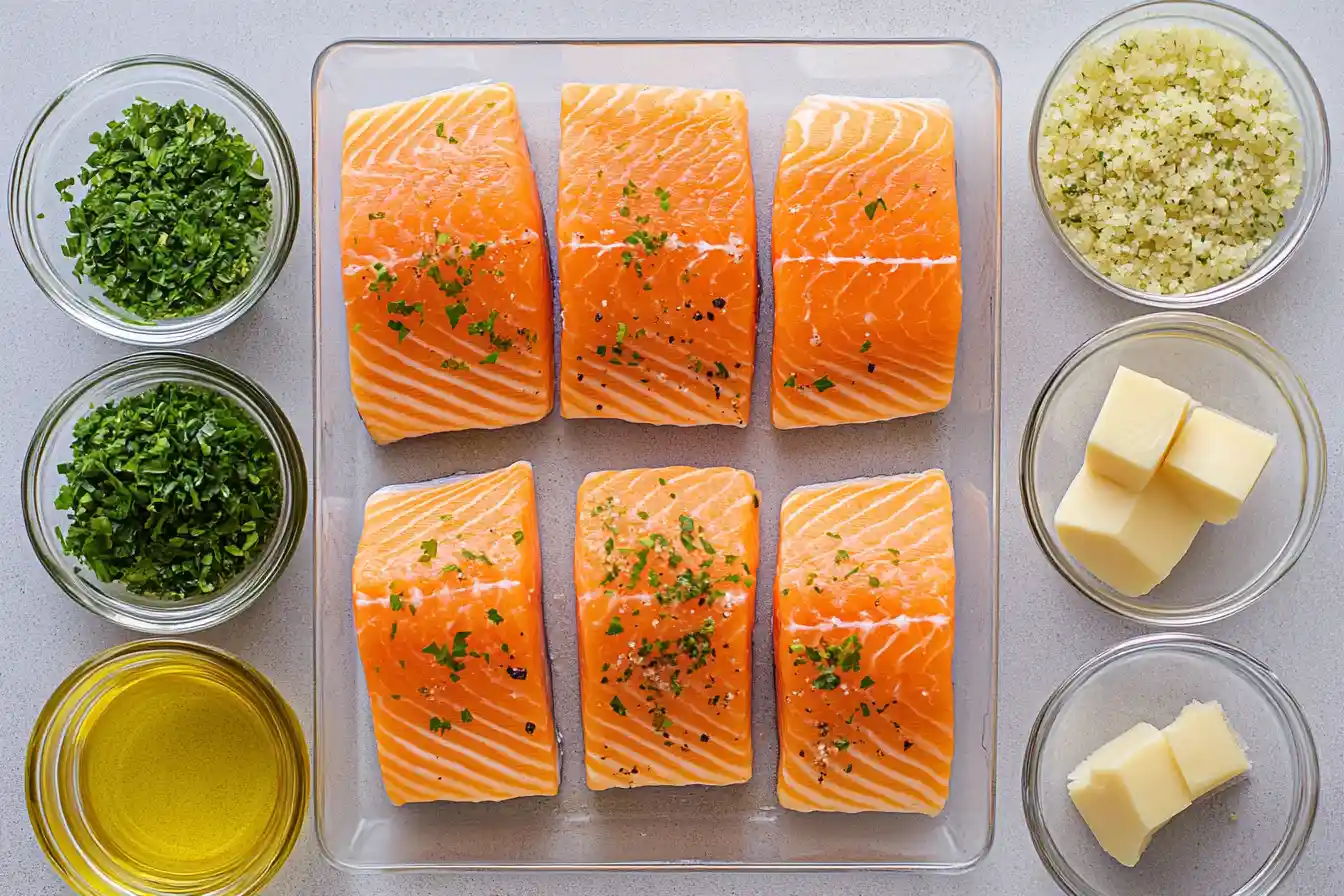 Salmon fillets, butter, garlic, lemon, parsley and olive oil for garlic butter salmon