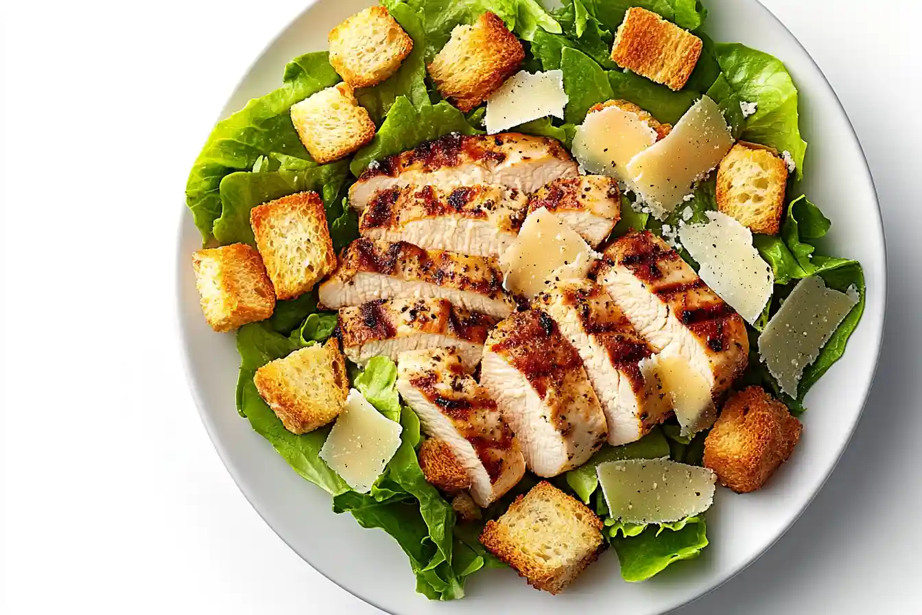 Creamy homemade Caesar dressing being drizzled over a grilled chicken Caesar salad.