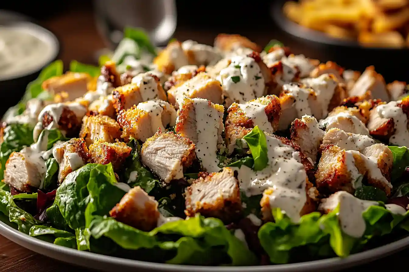 Creamy homemade Caesar dressing being drizzled over a grilled chicken Caesar salad.