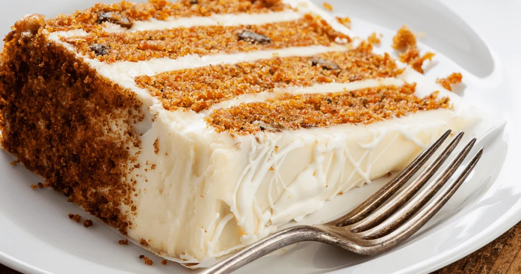 Spreading cream cheese frosting onto a carrot cake layer with a spatula