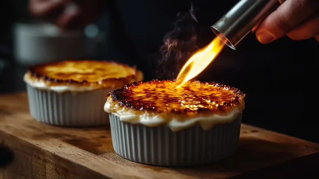 A kitchen torch caramelizing the sugar topping on a crab brulee in a ramekin.