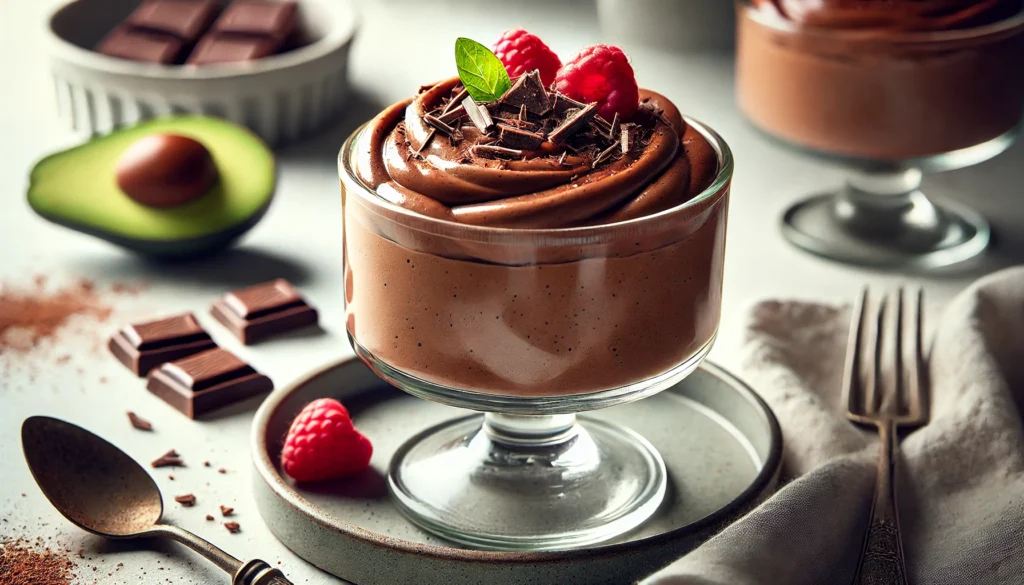 Smooth, creamy Vegan Chocolate Avocado Mousse served in a glass jar, garnished with dark chocolate shavings and fresh raspberries.