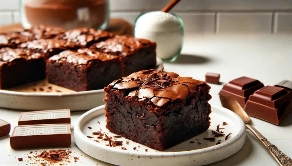 A stack of rich, fudgy low sugar brownies with a glossy top, served on a white plate with chocolate shavings and a sprinkle of monk fruit sweetener.