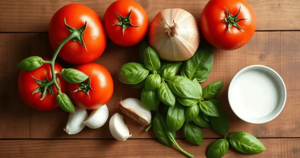 Prepped ingredients for creamy tomato basil soup vegan ready for cooking.