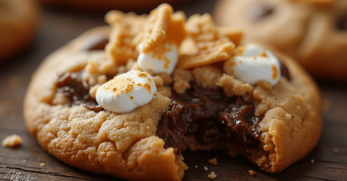 A close-up of a golden-brown S'mores Cookie with melted chocolate, gooey marshmallows, and crumbled graham crackers on top. The cookie is placed on a rustic wooden surface, with warm lighting highlighting the gooey texture.
