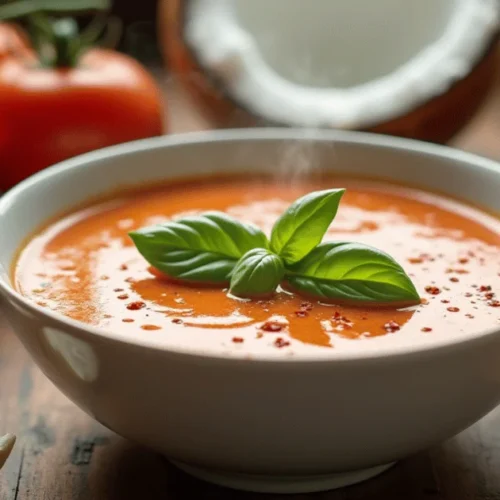 A bowl of creamy tomato basil soup topped with fresh basil and a drizzle of olive oil.