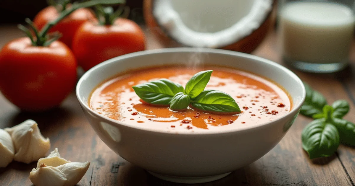 A bowl of creamy tomato basil soup topped with fresh basil and a drizzle of olive oil.