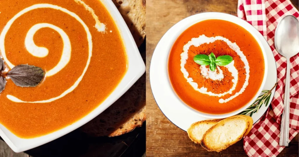 A bowl of creamy tomato basil soup topped with fresh basil