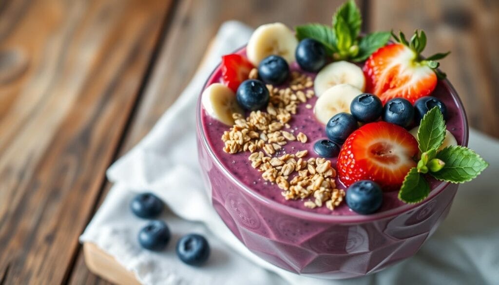 Ready-to-eat acai smoothie bowl with blueberries, strawberries, granola, and coconut flakes