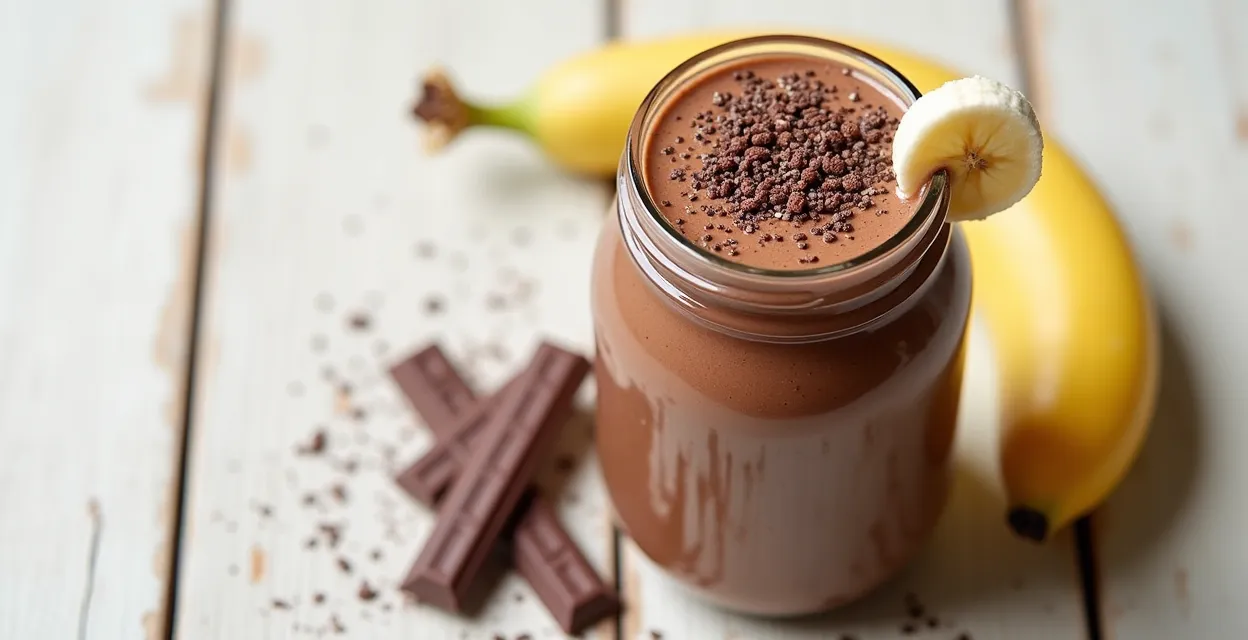 A rich chocolate smoothie served in a clear glass, topped with chocolate shavings, chia seeds, and a slice of banana.