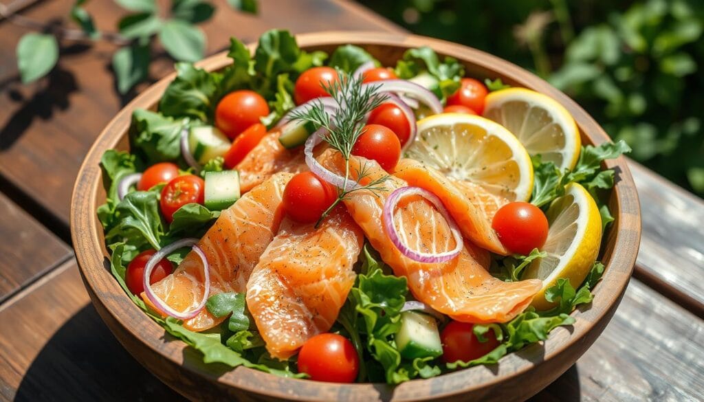 Smoked salmon salad with avocado, fresh greens, and berries