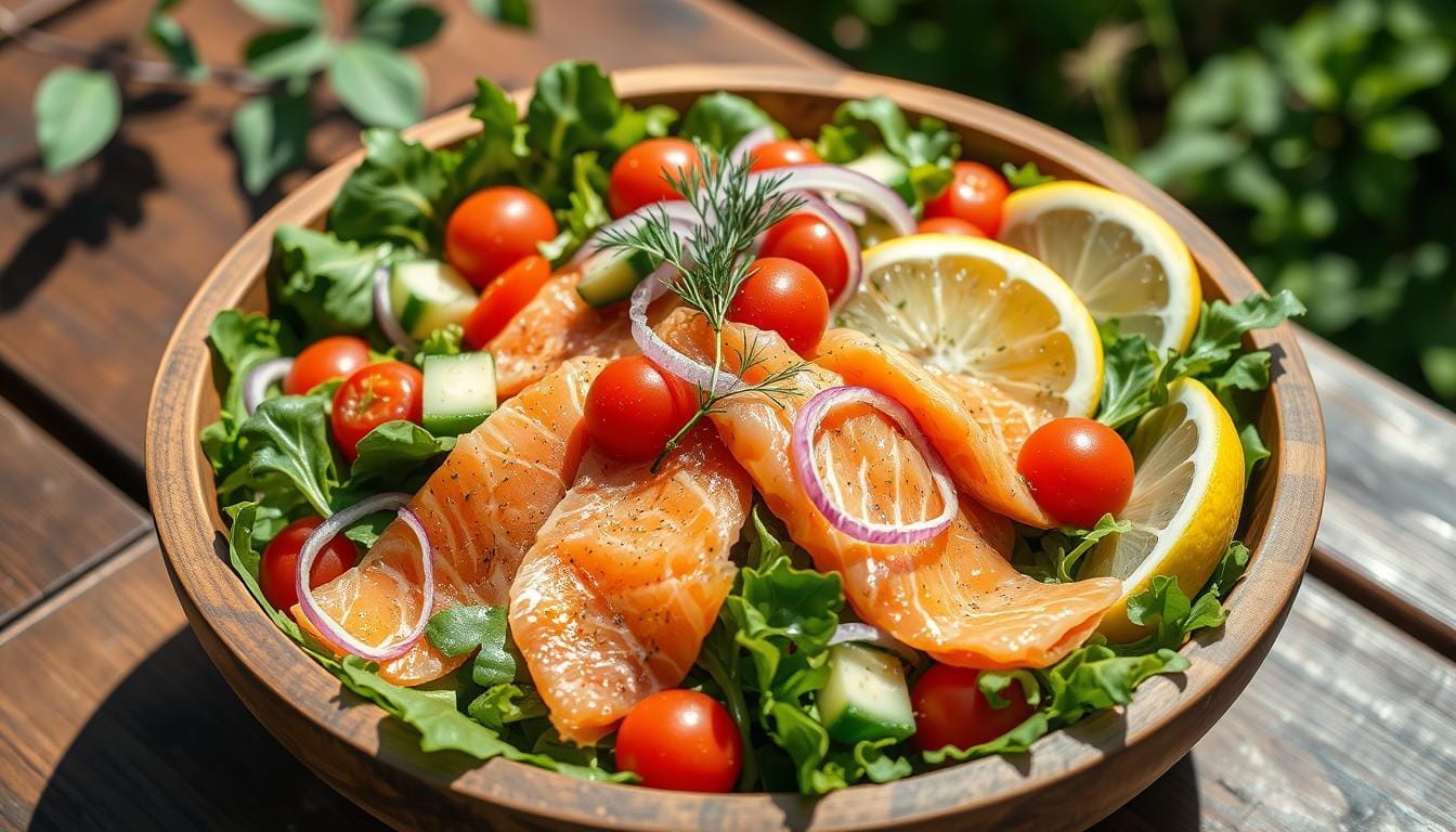 Smoked salmon salad with avocado, fresh greens, and berries