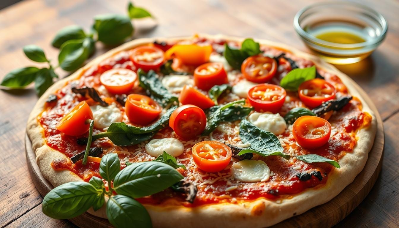 A low-carb pizza with cauliflower crust topped with bell peppers, spinach, and melted mozzarella on a rustic wooden table