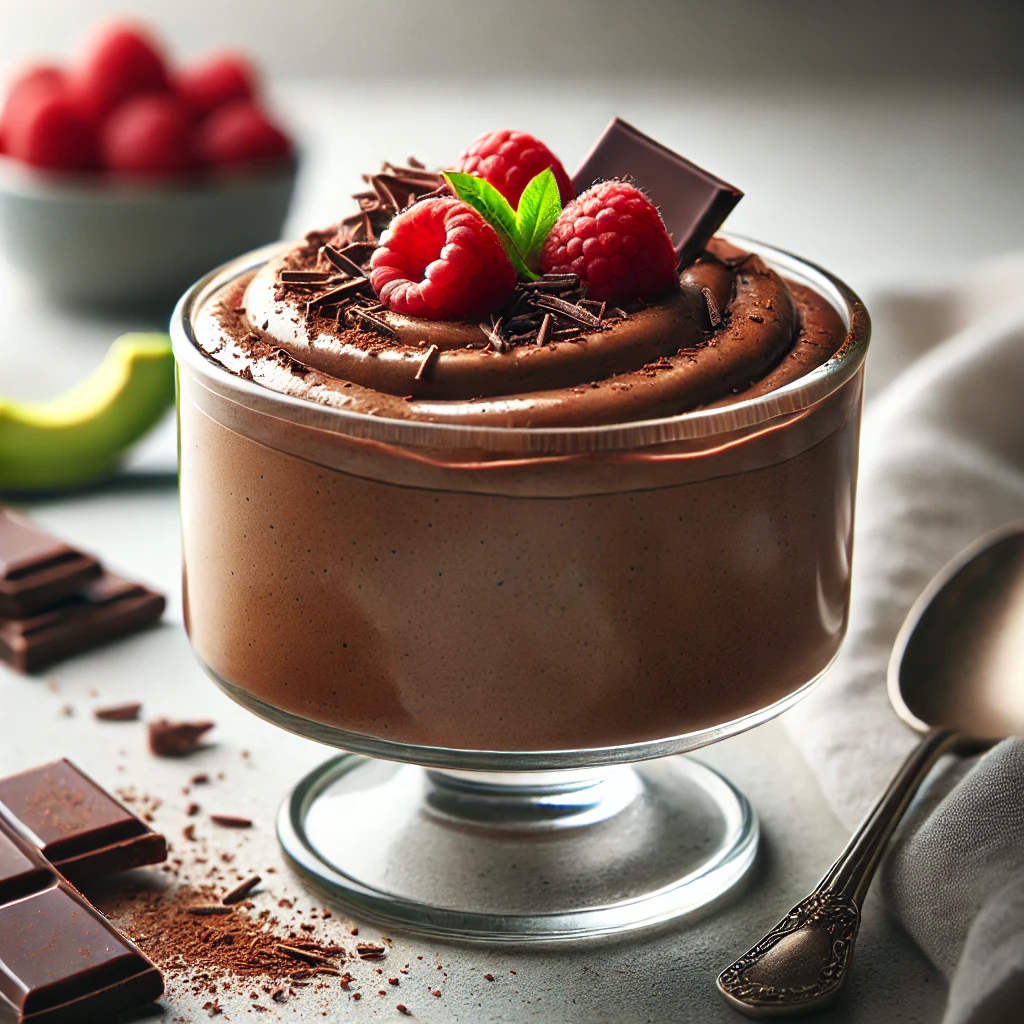Smooth, creamy Vegan Chocolate Avocado Mousse served in a glass jar, garnished with dark chocolate shavings and fresh raspberries.