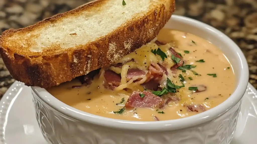 Close-up of creamy Reuben soup with melted Swiss cheese and corned beef chunks.