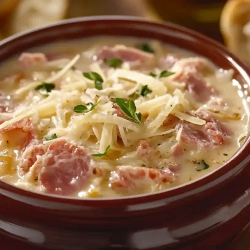 A hearty bowl of creamy Reuben soup garnished with rye croutons and fresh dill.