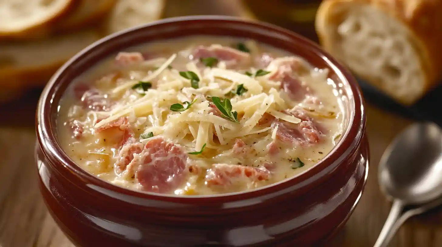 A hearty bowl of creamy Reuben soup garnished with rye croutons and fresh dill.