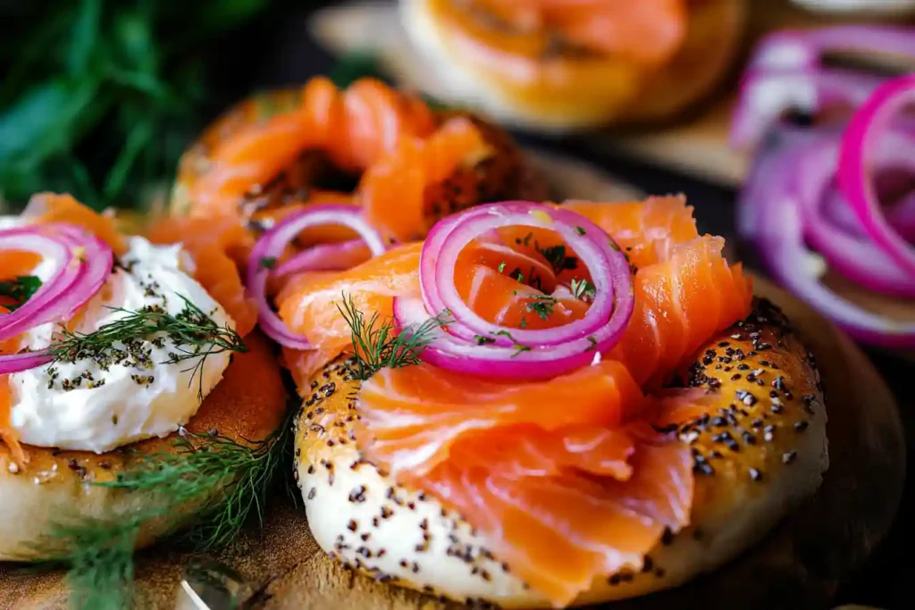 Smoked salmon bagel with cream cheese on a plate with capers and dill