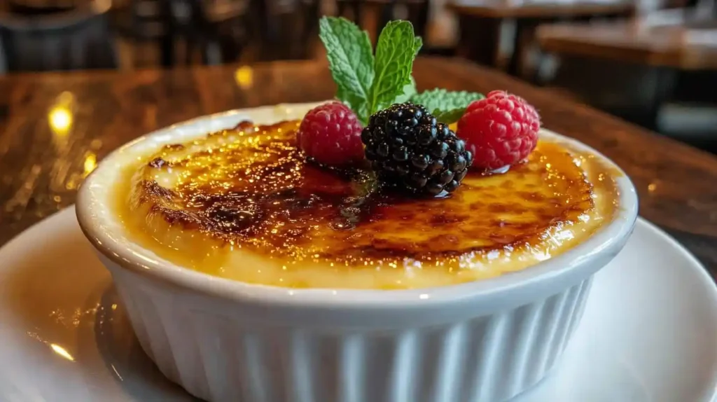 What Does Crème Brûlée Taste Like Close-up of Crème Brûlée in a white ramekin, highlighting the caramelized sugar crust and creamy custard.