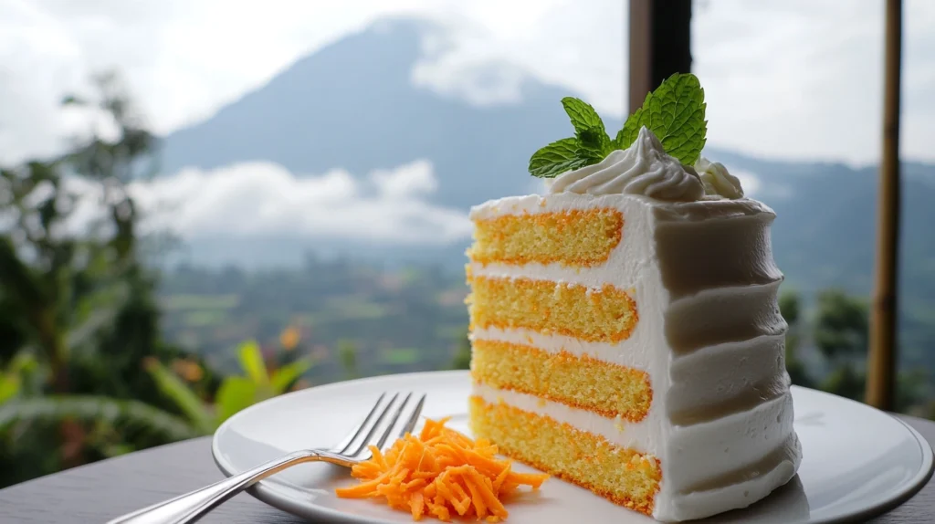 A beautifully baked carrot cake with no visible green spots, topped with cream cheese frosting.