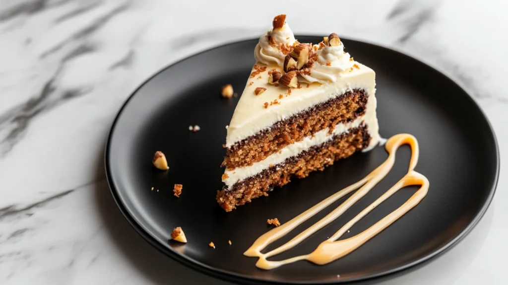 A close-up of a carrot cake slice showing green spots in the crumb.