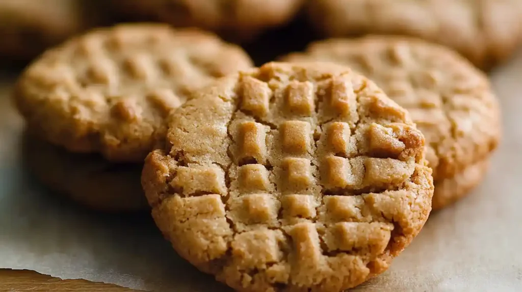 Keto Peanut Butter Cookies arranged on a plate, golden and soft.