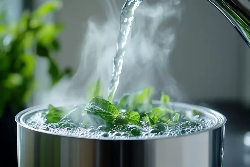 Boiling water being poured over lemon balm leaves in a tea infuser