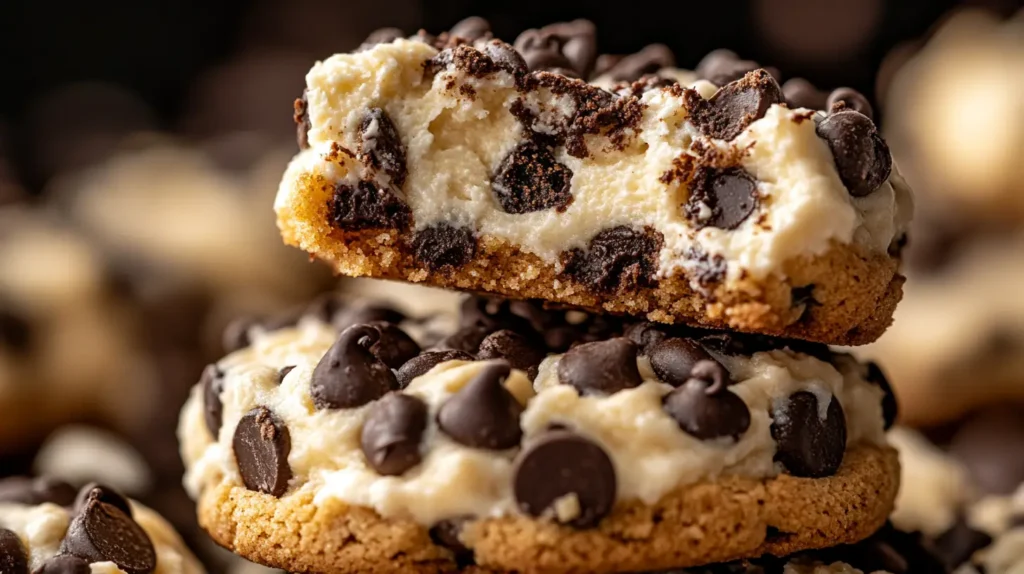 A glass of milk paired with chocolate chip cheesecake cookies stacked on a napkin.