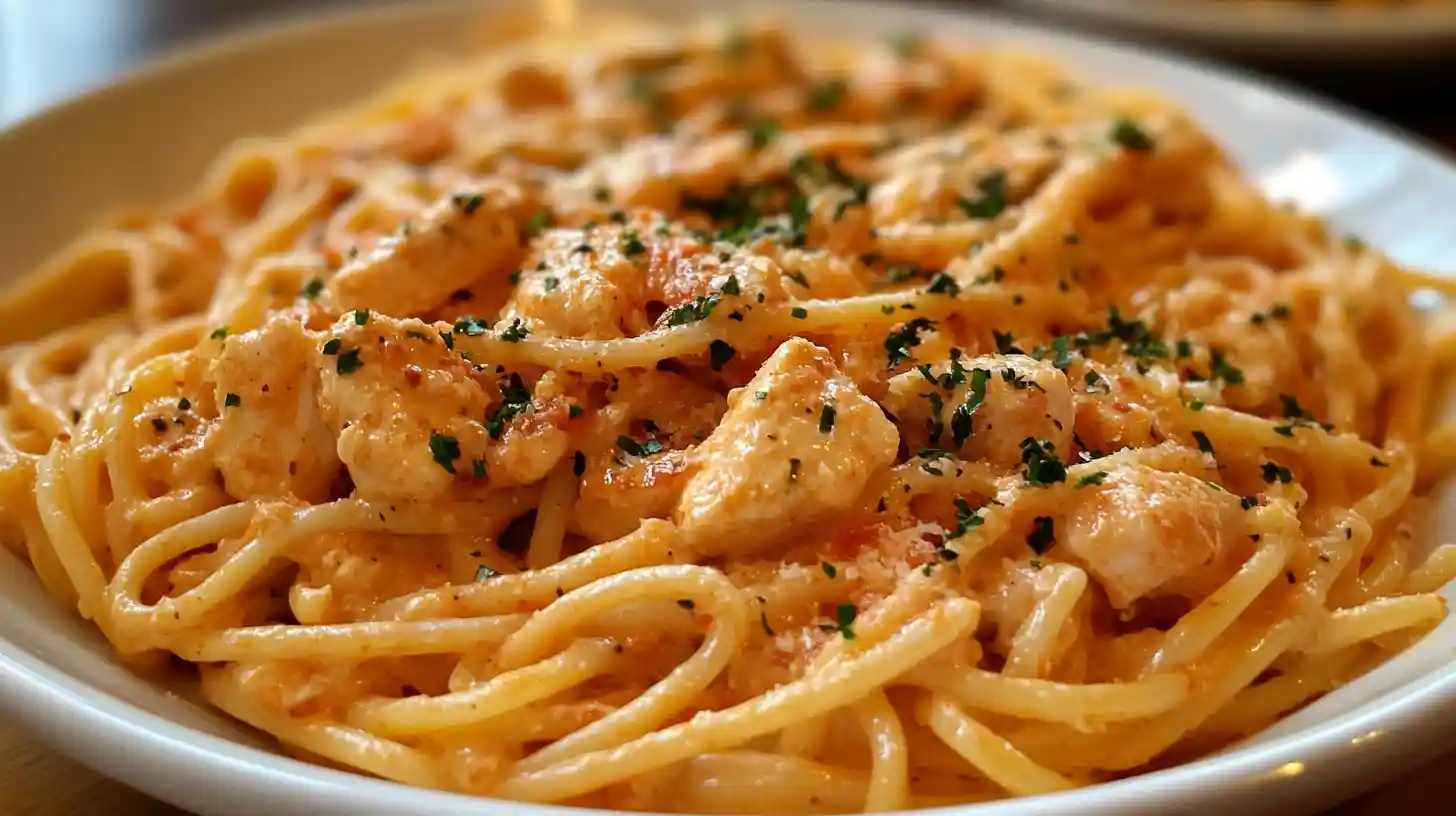 Healthy chicken spaghetti recipe served with a side salad and whole grain bread.