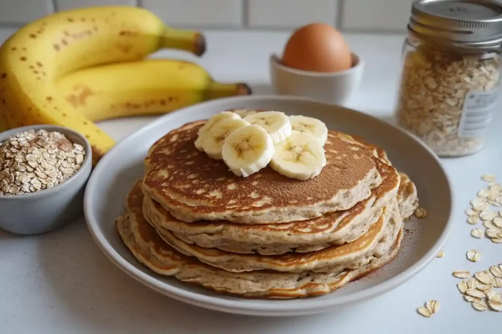 Kid-friendly healthy banana pancakes shaped like hearts, served with colorful toppings.