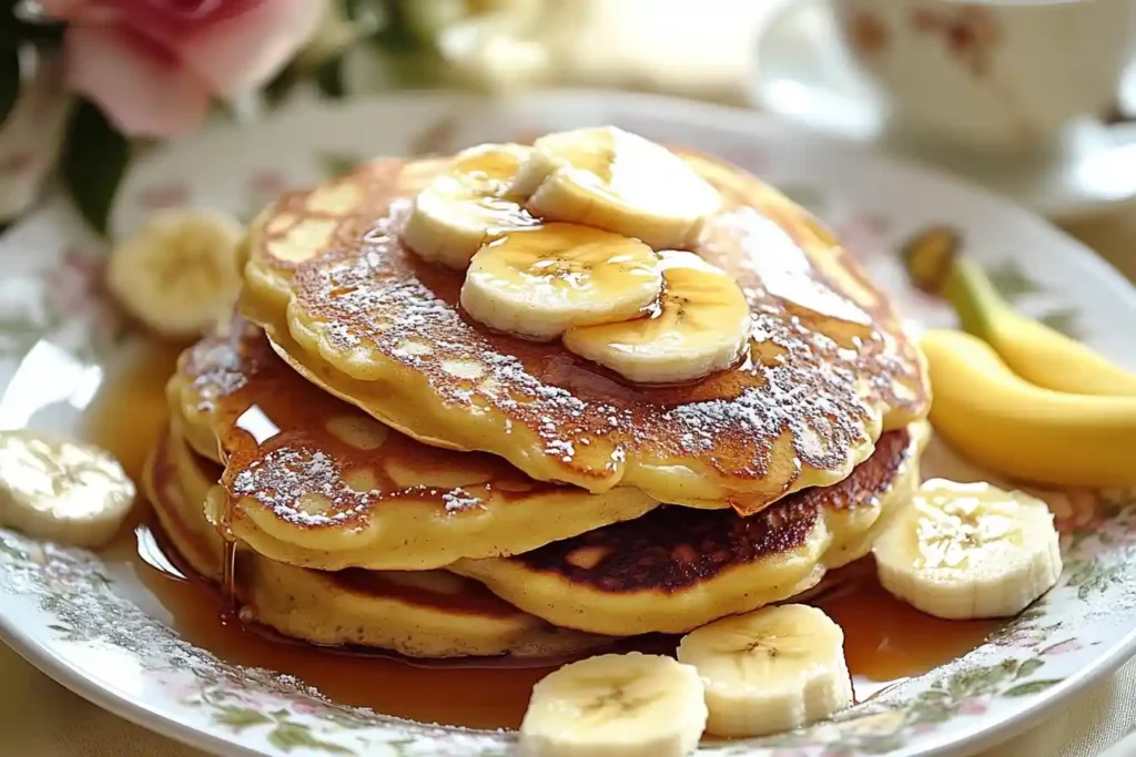 Healthy banana pancakes cooking in a non-stick pan, perfectly golden and fluffy.