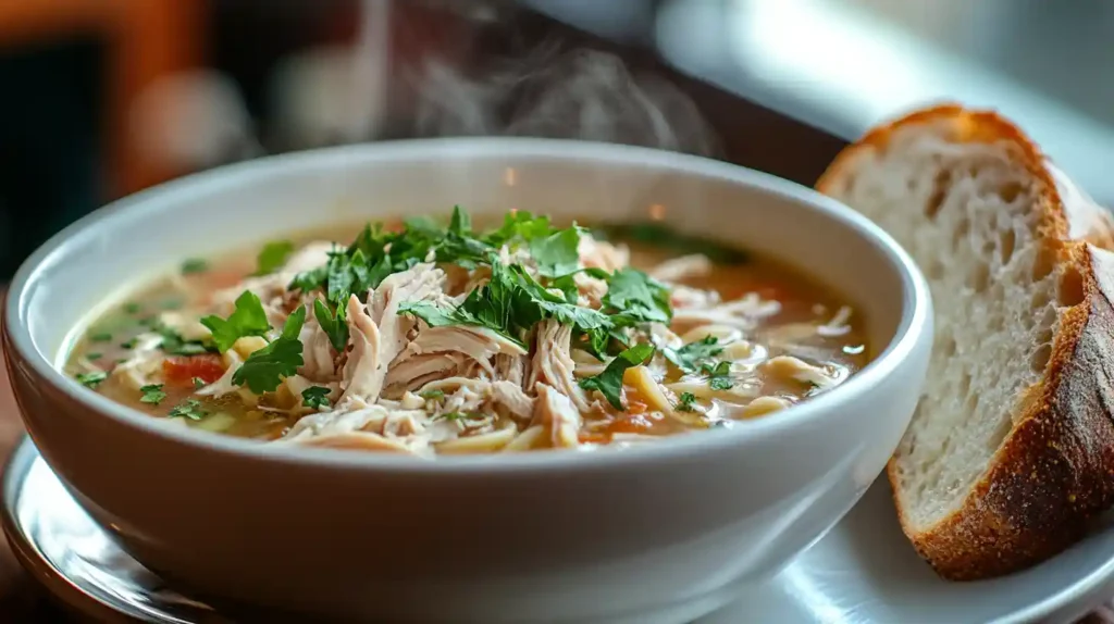A steaming bowl of healthy chicken tortilla soup topped with tortilla strips, avocado slices, and fresh cilantro.