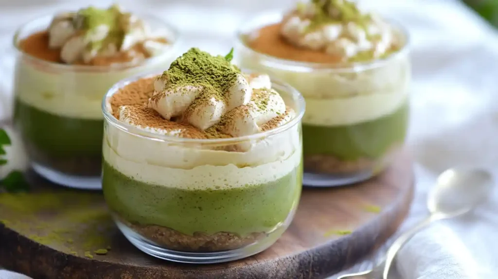 A finished matcha tiramisu in a rectangular glass dish, topped with a smooth layer of matcha powder.