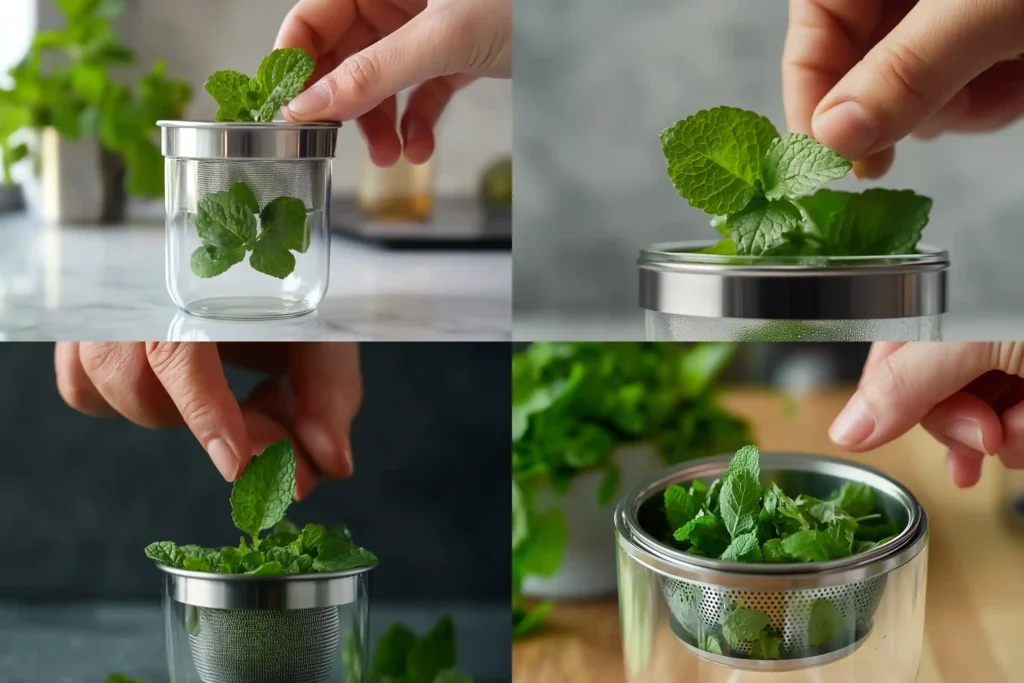 Fresh lemon balm leaves placed carefully into a sleek tea infuser in a clear cup