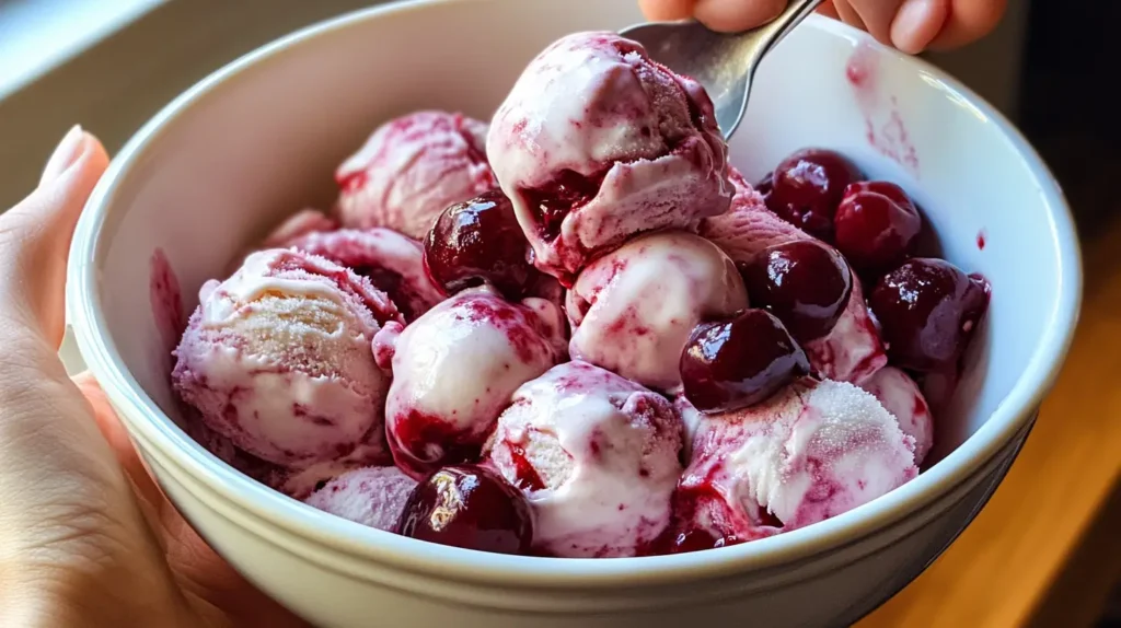 raspberry cheesecake ice cream with visible raspberry swirls and creamy texture.
