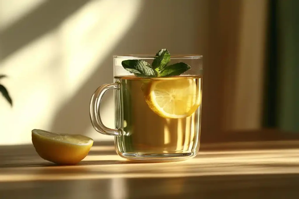 A beautifully presented cup of lemon balm tea garnished with a lemon slice and a drizzle of honey