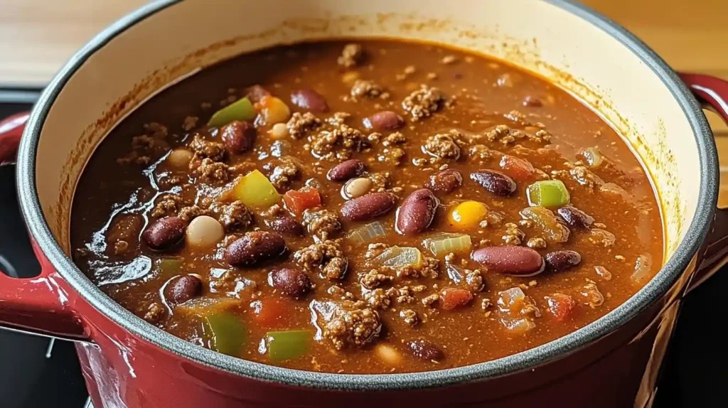 Taco Soup Frios simmering in a large pot, with visible beans, corn, tomatoes, and seasonings.