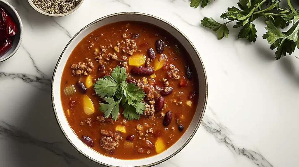 A hearty bowl of traditional taco soup with ground beef, beans, and tortilla chips.