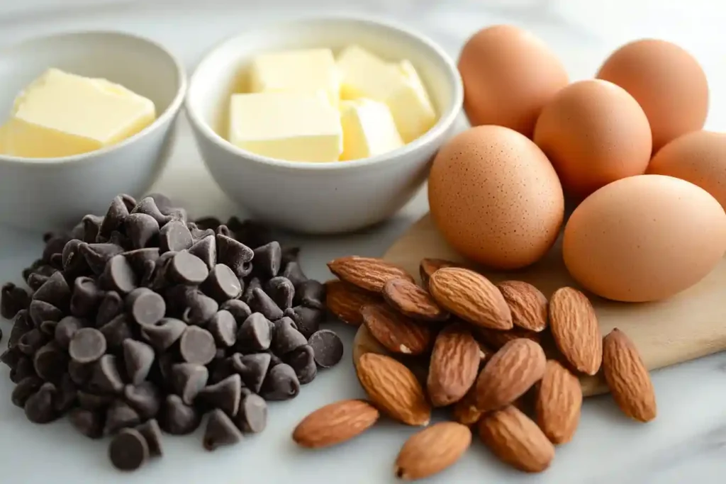 Ingredients for almond flour chocolate cookies, including almond flour, chocolate chips, and butter.