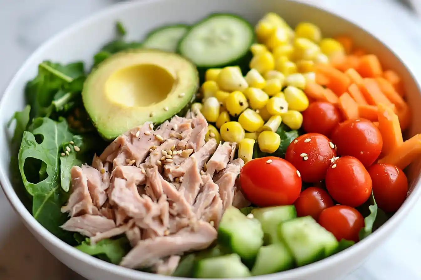 avocado egg tuna salad served in a white bowl with fresh herbs and a lemon wedge, showcasing a healthy and delicious meal.
