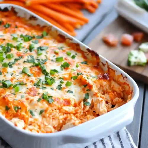 High protein buffalo chicken dip baked in a casserole dish with melted cheddar and scallions.