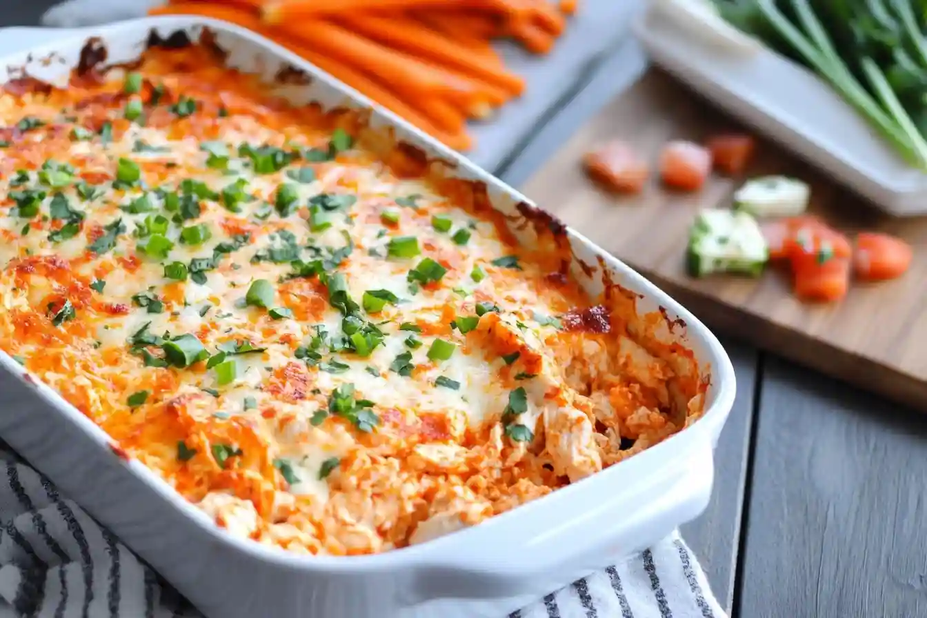 High protein buffalo chicken dip baked in a casserole dish with melted cheddar and scallions.