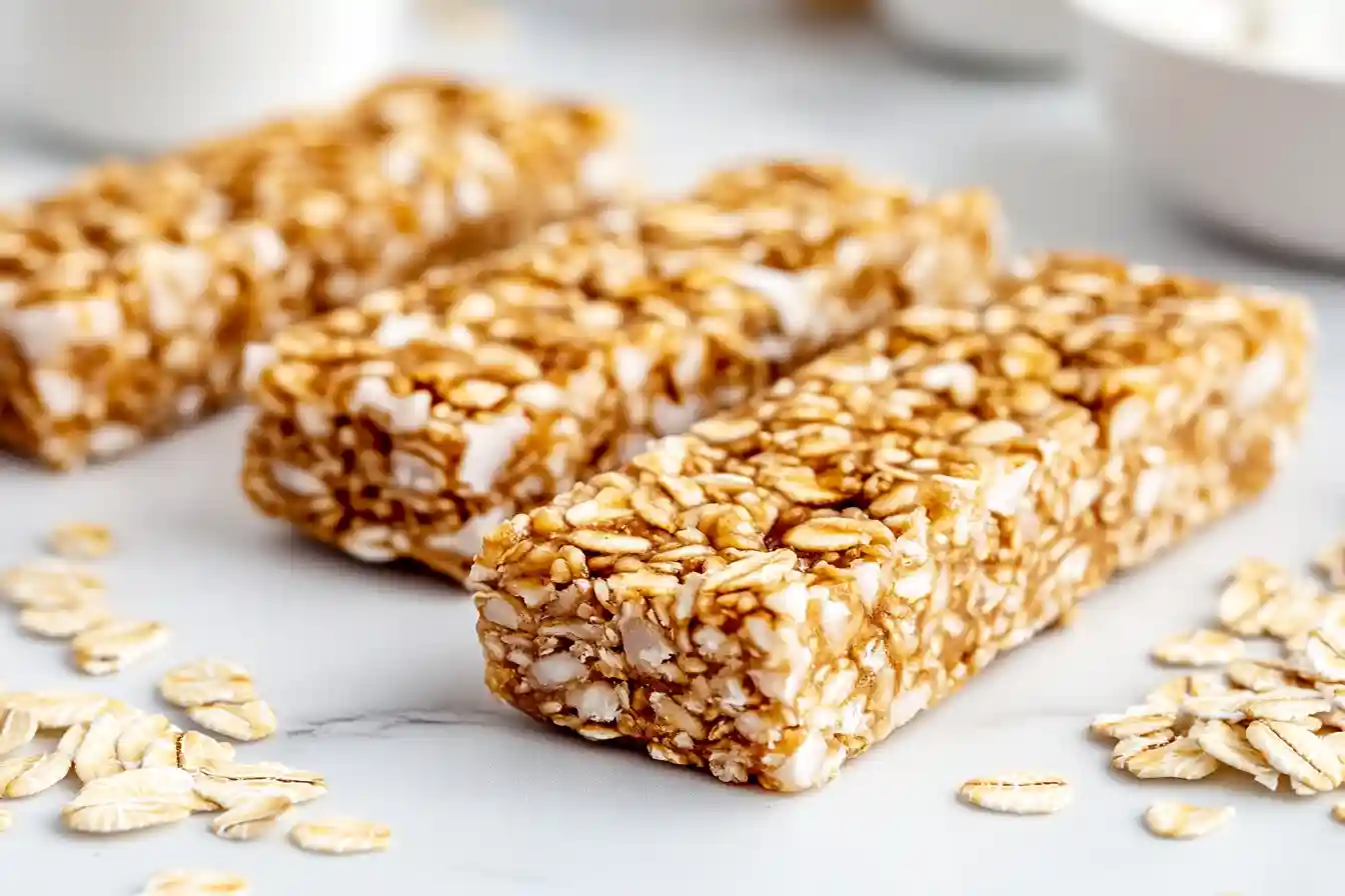 Freshly baked low sugar granola bars cooling on parchment paper.